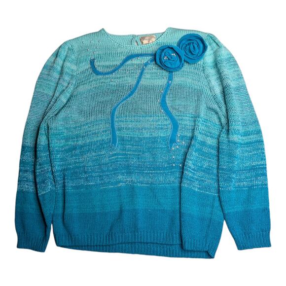 Vtg 1990s Ann Wi Teal Blue Ombre Knit Floral Applique Pullover Sweater 1X - Picture 1 of 4